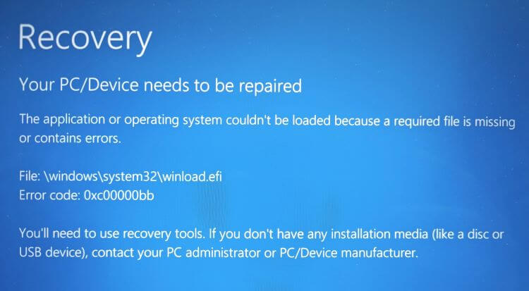 0xc00000bb error in Windows RE. Winload.efi cannot load.