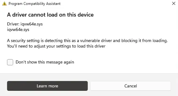 iqvw64e.sys vulnerable driver notification in windows 11