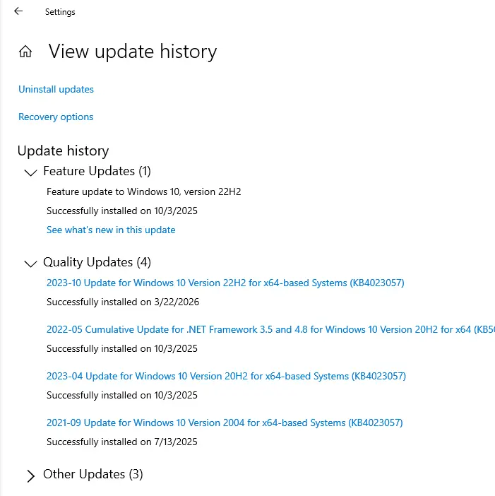 clear failed entries from windows update history
