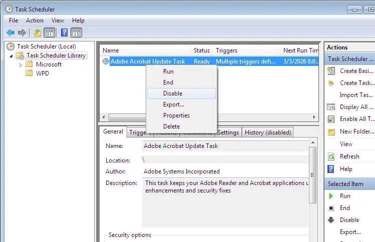 adobe reader update scheduled task - stop and disable