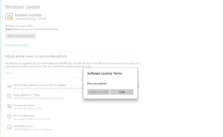 software license terms - error encountered