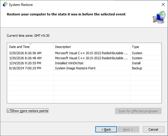 list system restore points