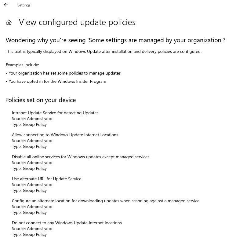 List of Windows Update policies configured on the computer