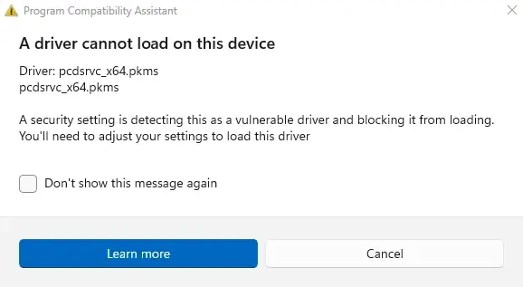 pcdsrvc_x64.pkms - driver cannot load vulnerable