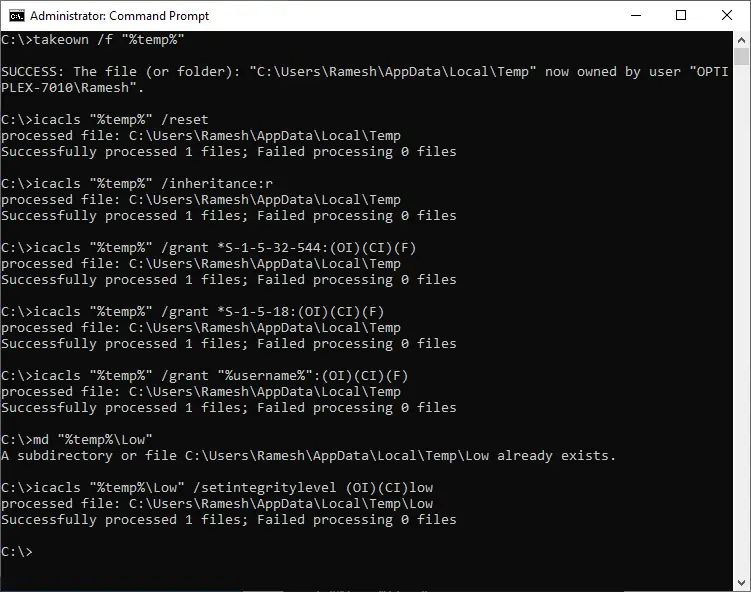 fix temp folder permissions using icacls