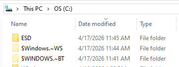 clear temporary setup folder $WINDOWS.~BT
