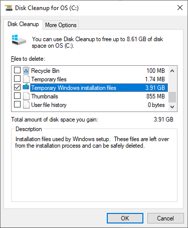 clear temporary setup folder $WINDOWS.~BT