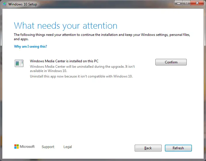 windows 10 setup - windows media center is installed