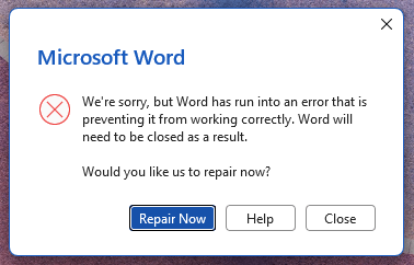 We're sorry, but Word has run into an error