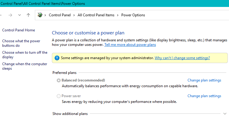 power options managed by administrator