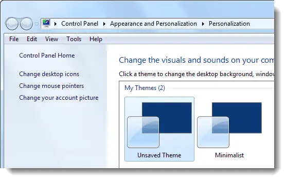 Unsaved Theme Appears in Personalization window