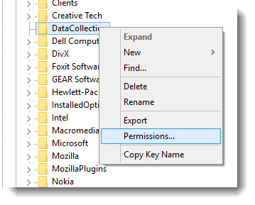 Registry Editor - Permissions... context menu option